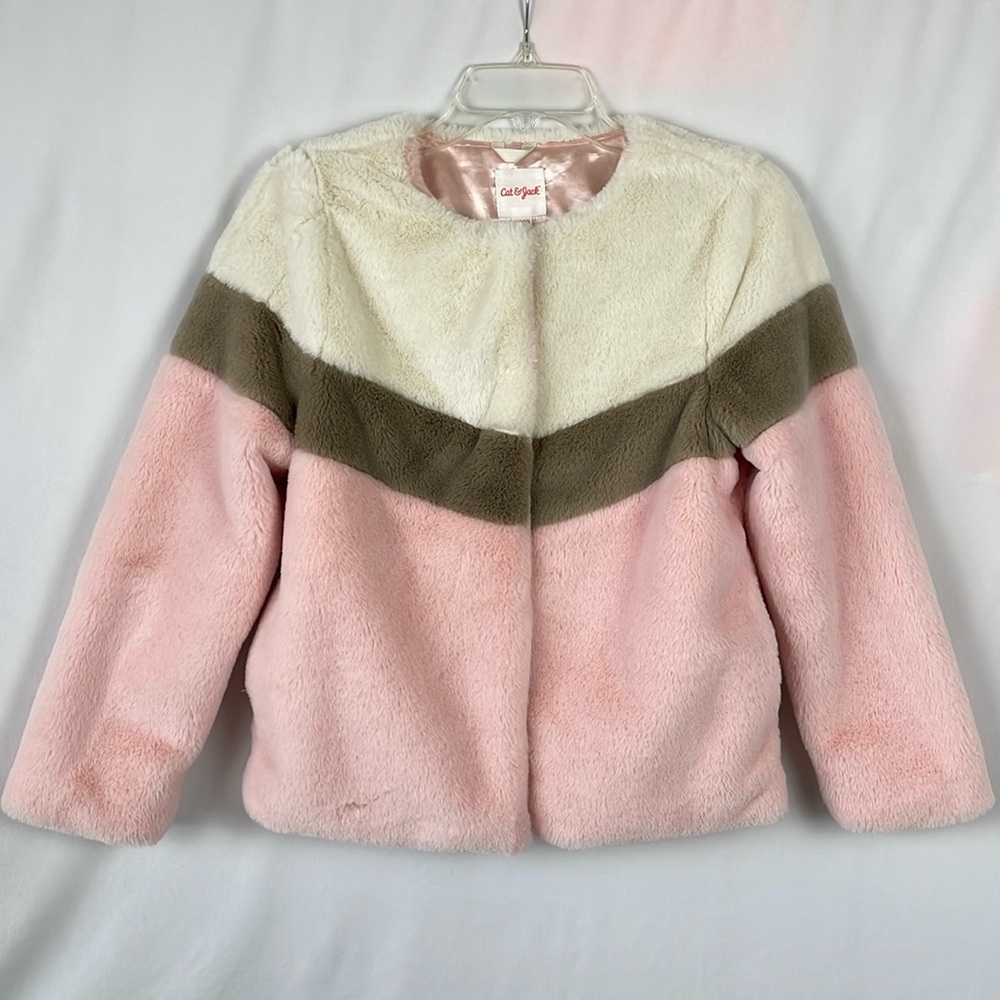 Cat & Jack Stylish Pink Taupe and Ivory Girls Faux Fur Jacket - Size Large 10/12